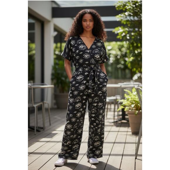 World Market Evil Eye Print Jumpsuit Size Large/XL Cotton Linen Blend Pockets - Picture 1 of 11